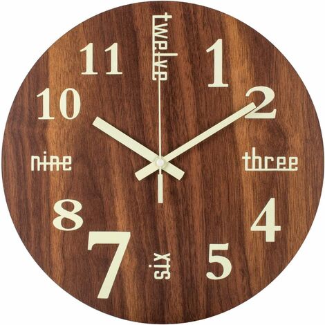 Horloge Murale, 30 cm Horloge Murale Veilleuse avec Mots Chiffres Rétro, Silencieux Non-Ticking à Piles Analogique Bois (1/5)