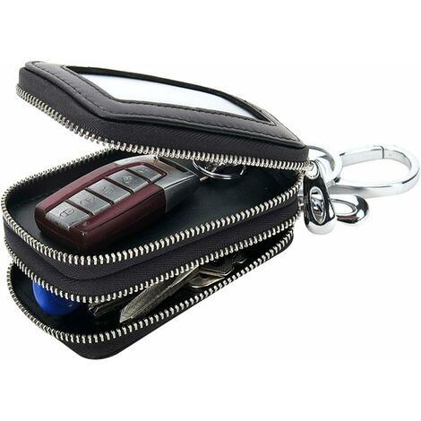 Porte-clés de voiture unisexe en cuir véritable avec fermeture éclair (noir)