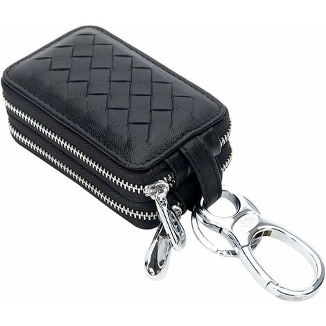 Porte-clés de voiture unisexe en cuir véritable avec fermeture éclair (noir)