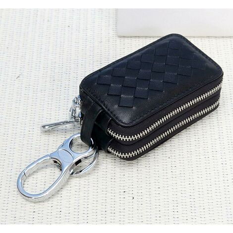 Porte-clés de voiture unisexe en cuir véritable avec fermeture éclair (noir)