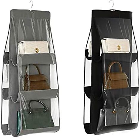 Organisateur de sac à main à suspendre, lot de 2 6 poches anti-poussière support de rangement sac garde-robe système d'organisation peu encombrant, lavable (noir + gris) (1/5)