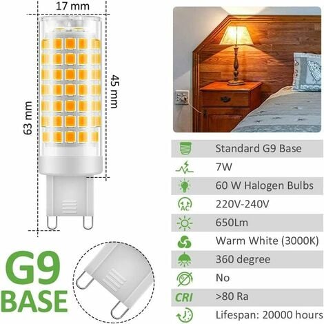 Ampoule LED G9, No Flicker 7W LED Lampes Blanc Chaud 3000K, 650LM, Économie d'énergie Equivalente 60W Halogène Lumière, 360 Degrés Angle, AC220-240V - Pack de 6