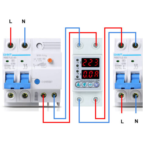 63A 220V Rail Din reglable Surtension et sous tension Dispositif de protection Protection relais Protection contre les surintensites Accueil Utilisation deux afficheurs a DEL