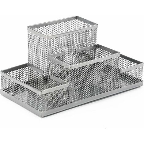 Organisateur de bureau porte-stylo bureau 4 compartiments conception en maille simple porte-stylo en treillis métallique fournitures de bureau (argent), Ensoleillé (1/5)