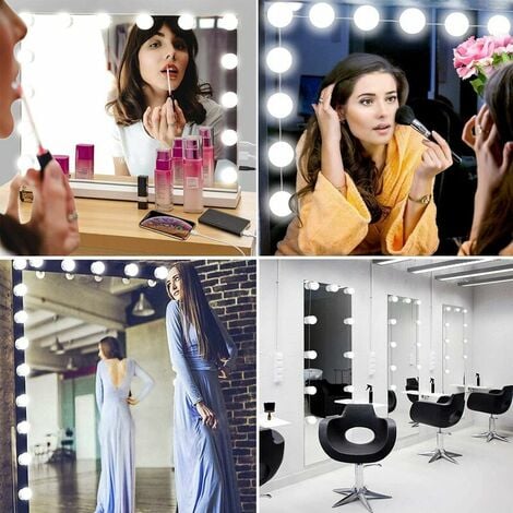 Lumière de Miroir Kit de 14 Ampoules pour Coiffeuse Maquillage, Miroir LED Hollywood Dimmable, Lampe Coiffeuse USB avec Interrupteur et Câble, 3 Couleurs et 10 Luminosité, Makeup Eclairage Adhesif, En