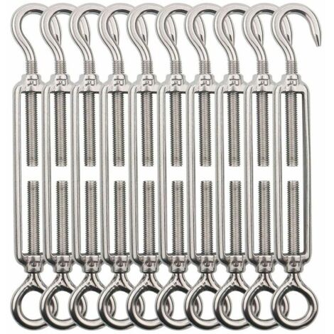 Crochet et oeil de tendeur M5, tendeur de fil de tendeur en acier inoxydable 10 pièces, tendeurs réglables robustes pour fil de jardin, fil de clôture, éclairage extérieur suspendu, balustrade de bric (1/5)