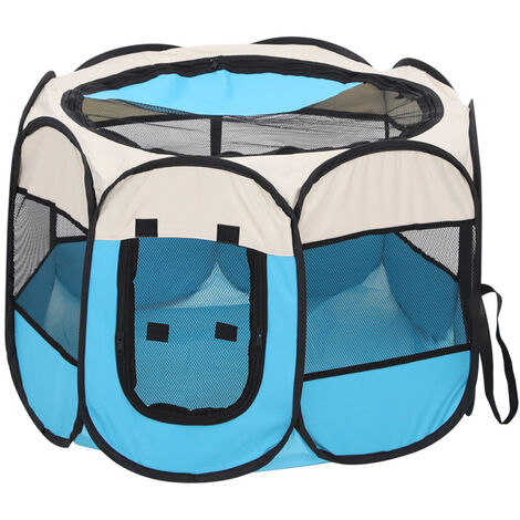 Tente pour animal domestique, Cage pliable en tissu Oxford anti-rayures, chambre de maternité pour chien et chat，S（Beige et bleu） (1/5)