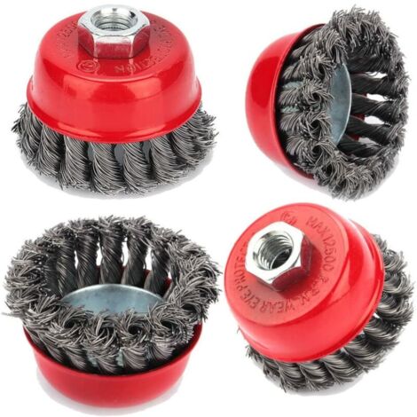 Brosse de nettoyage métallique, 4pcs brosse à treillis métallique M14 torsadé 75 mm pour meuleuse d'angle brosse coupe, dérouillage corrosion détournant la peinture (1/5)
