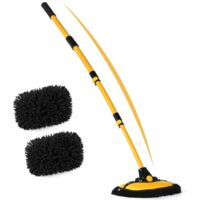 Brosse de lavage de voiture incurvée, serpillière de lavage de voiture en velours doux, brosse de lavage de voiture anti-rayures, long manche télescopique, convient aux voitures et aux camping-cars.