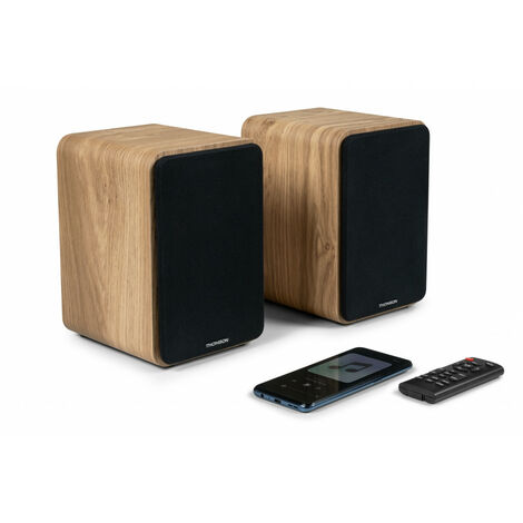Thomson – Enceintes bibliothèque Hifi 100 Watts – Bluetooth 5.0 – Télécommande – Entrée optique et RCA – Design en bois