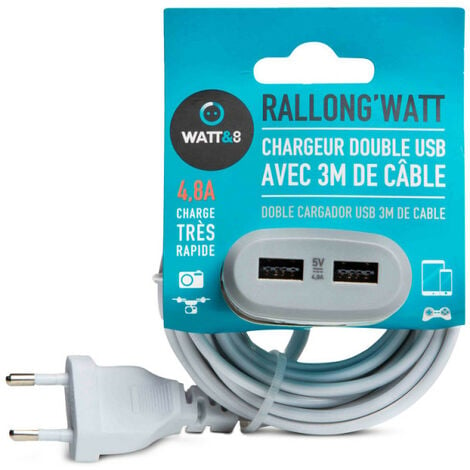 Rallonge 3m avec 2x usb 4,8a à charge ultra rapide - blanc WATT&CO