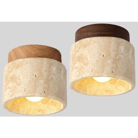 2 Stücke Retro Deckenlampe Holz Travertin Deckenleuchte Warmweißes Licht Ø12CM für Bar Café Flur Küche Restaurant