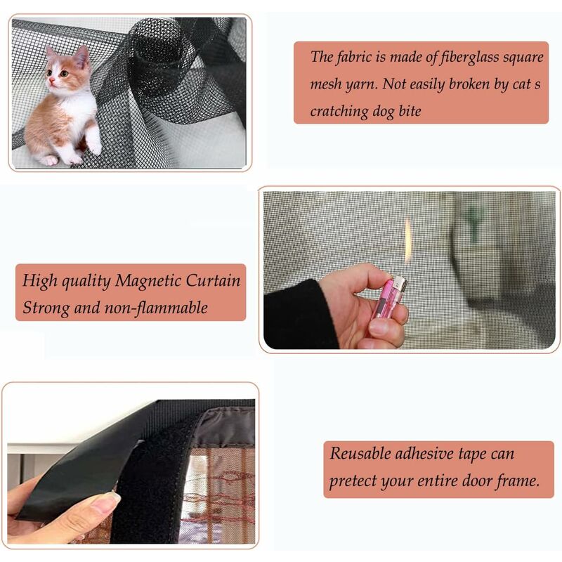 Magnetische Moskitonetze für Türen, robuste Anti-Mücken-Netz-Moskitonetze,  Terrassentür-Moskitonetz mit starken Magneten, magischer Vollrahmen (80 x  200 cm, schwarz)