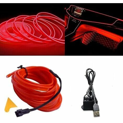EL-Drahtseil-Neonröhren-Lichtstreifen für Automobil-Innenraum, Auto-Cosplay- Dekoration mit USB-Adapter (rot, 3 m)