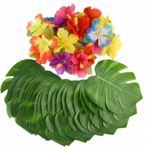 60 Stück tropische Party-Deko-Zubehör, 20,3 cm, tropische Palmtera-Blätter  und Hibiskusblüten, Simulationsblatt für