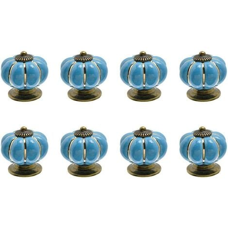 8 x Boutons de tiroir en céramique bouton de meuble forme citrouille pour tiroirs et placards de cuisine (Bleu)