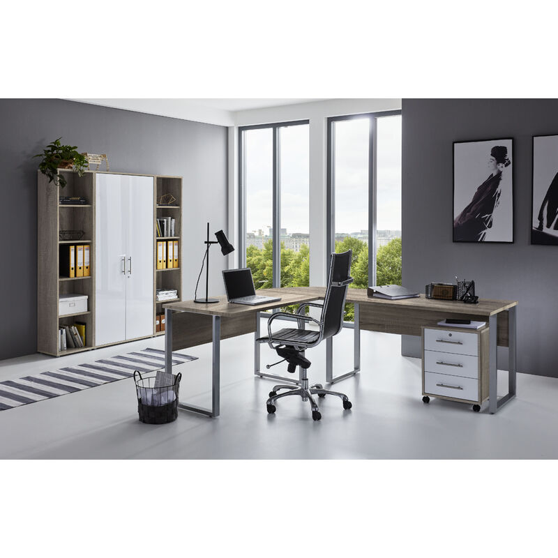 BMG Möbel Büromöbel komplett Set Arbeitszimmer Office Edition in Eiche  Sonoma/weiß Hochglanz lackiert