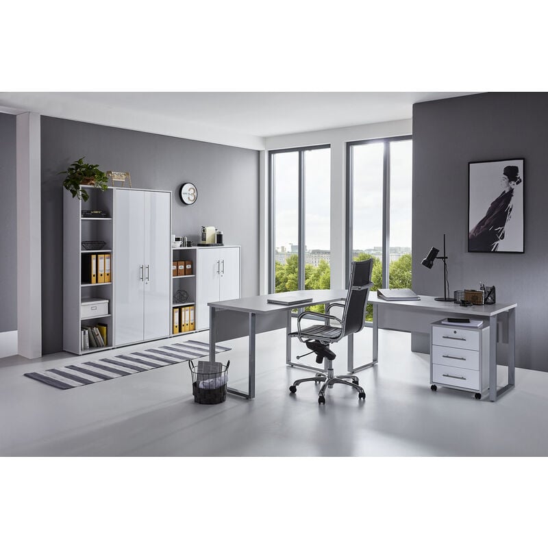 BMG Möbel Büromöbel komplett Set Arbeitszimmer Office Edition in lichtgrau  / weiß Hochglanz