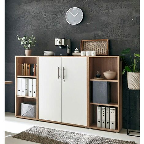 BMG Möbel abschließbare Regalwand/Schrankwand, Office Edition Set 2, Eiche Sonoma / weiß hochglanz