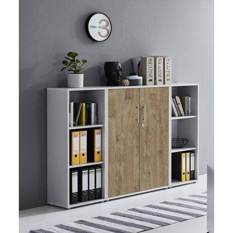 BMG Möbel abschließbare Regalwand/Schrankwand, Office Edition Set 2, grau/ gold harbor oak
