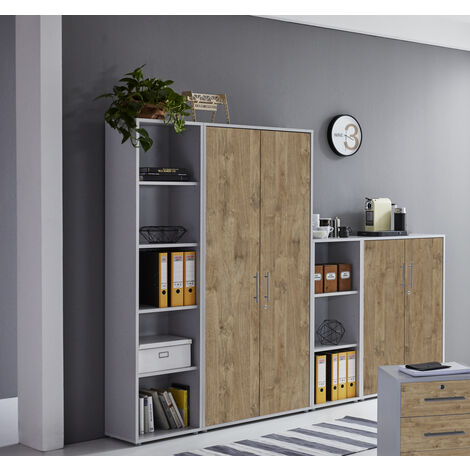 BMG Möbel abschließbare Regalwand/Schrankwand, Office Edition Set 4, grau/ gold harbor oak