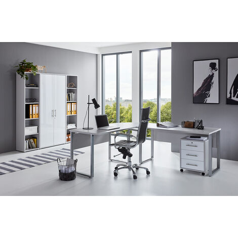 Büromöbel Arbeitszimmer komplett Set OFFICE EDITION (Set 3) in Lichtgrau/ Weiß matt