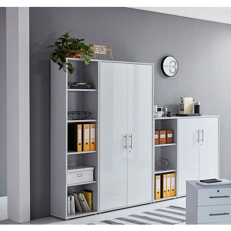 BMG Möbel abschließbare Regalwand/Schrankwand, Office Edition Set 4, grau/ weiß hochglanz