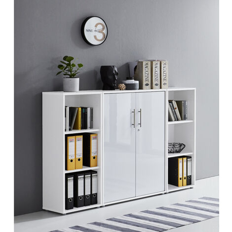 BMG Möbel abschließbare Regalwand/Schrankwand, Office Edition Set 2, weiß / weiß hochglanz