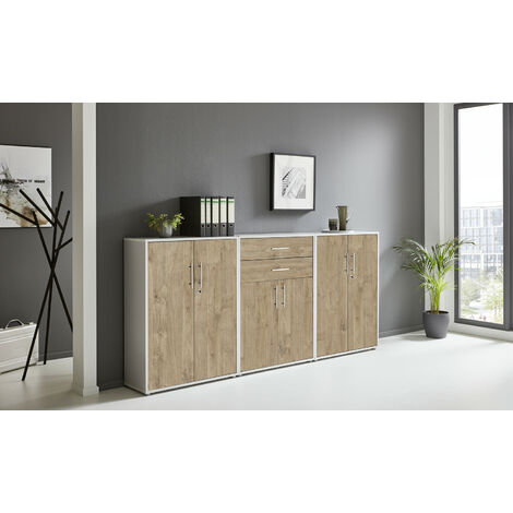 BMG Möbel abschließbare Regalwand/Schrankwand, Office Edition Set 15, grau/ gold harbor oak