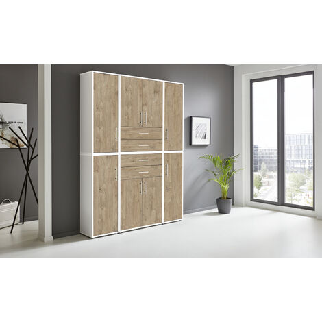 BMG Möbel Regalwand/Schrankwand, Office Edition Set 19, weiß / Gold Harbor Oak (1/5)