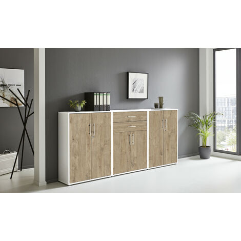 BMG Möbel abschließbare Regalwand/Schrankwand, Office Edition Set 15, weiß / Gold Harbor Oak