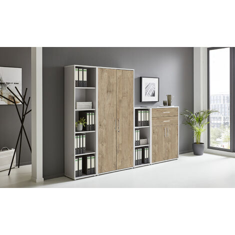 BMG Möbel abschließbare Regalwand/Schrankwand, Office Edition Set 22, grau/ gold harbor oak
