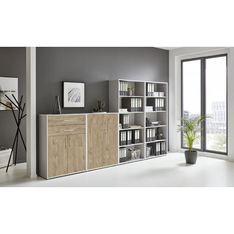 BMG Möbel abschließbare Regalwand/Schrankwand, Office Edition Set 21, grau/ gold harbor oak