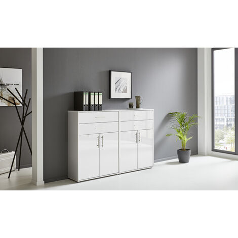 BMG Möbel Regalwand/Schrankwand, Office Edition Set 17, grau/ weiß hochglanz