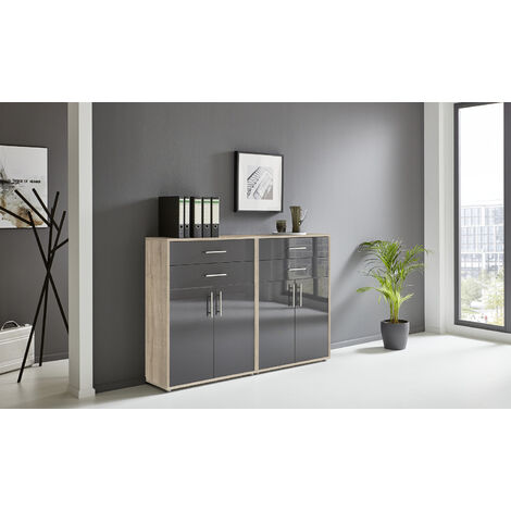 BMG Möbel Regalwand/Schrankwand, Office Edition Set 17, Eiche Sonoma / anthrazit hochglanz