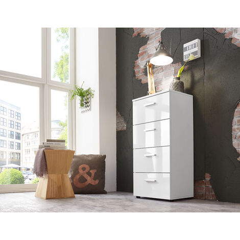 BMG Möbel Schubladen Kommode Sideboard Anrichte MARBELLA in Hochglanz weiß - Höhe 91cm, Breite 88cm, Tiefe 32cm … (Tower 44cm 4 Schubkästen)