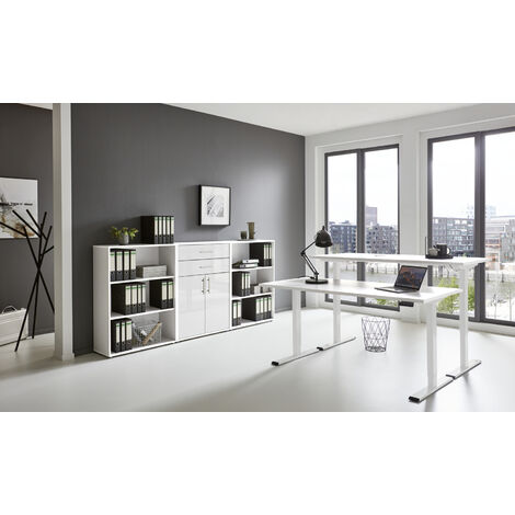 BMG Möbel Büromöbel-Set, e-Office Edition Set 14, Schreibtisch höhenverstellbar, 160 cm, weiß/ weiß hochglanz (1/5)
