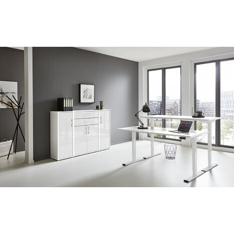 BMG Möbel Büromöbel-Set, e-Office Edition Set 16, Schreibtisch höhenverstellbar, 160 cm, weiß/ weiß hochglanz (1/5)