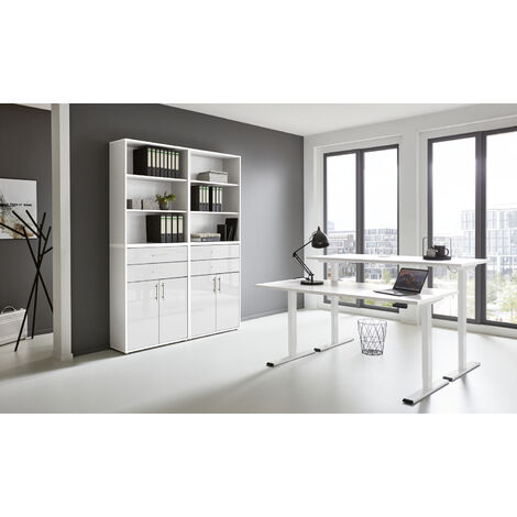 BMG Möbel Büromöbel-Set, e-Office Edition Set 20, Schreibtisch höhenverstellbar, 138 cm, weiß/ weiß hochglanz (1/5)
