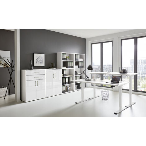 BMG Möbel Büromöbel-Set, e-Office Edition Set 21, Schreibtisch höhenverstellbar, 160 cm, weiß/ weiß hochglanz (1/5)