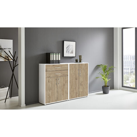 BMG Möbel abschließbare Regalwand/Schrankwand, Office Edition Set 12, weiß / Gold Harbor Oak