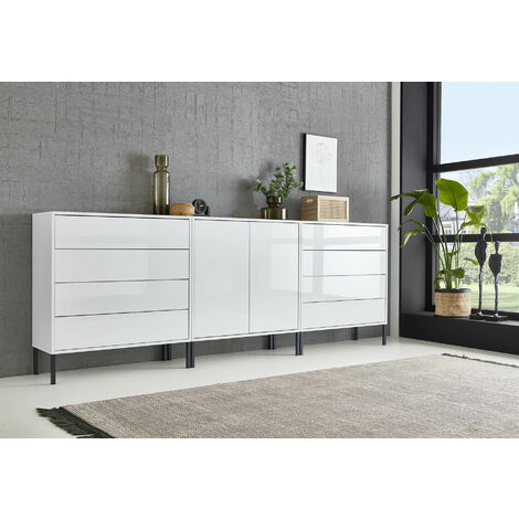 BMG Möbel Sideboard Mailand Set 4, grifflos, Metallfüße, Weiß hochglanz