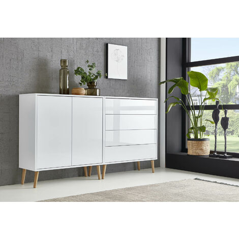 BMG Möbel Sideboard Mailand Set 3, grifflos, Holzfüße, Weiß/ Weiß hochglanz