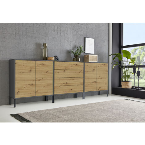 BMG Möbel Sideboard Mailand Set 5, grifflos, Metallfüße, Anthrazit/ Artisan Eiche