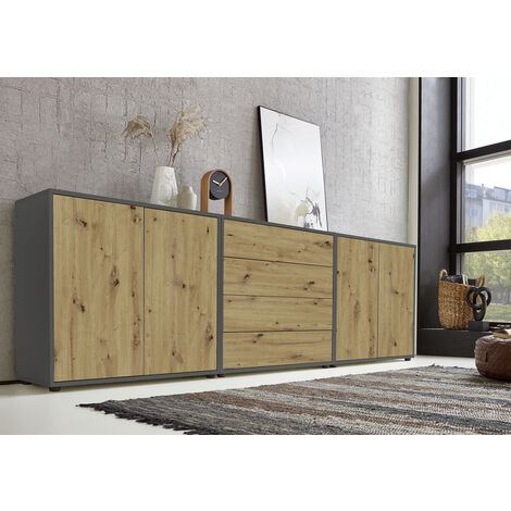BMG Möbel Sideboard Mailand Set 5 (Schubladenkommode Kommode Anrichte, in anthrazit/Artisan), Push-to-open-Funktion