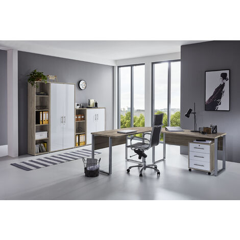 BMG Möbel Büromöbel-Set, Office Edition Set sonoma/ hochglanz 4, weiß eiche