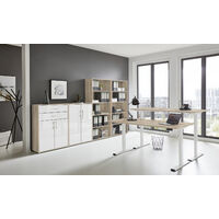 BMG Möbel Büromöbel-Set, e-Office Edition Set 21, Schreibtisch höhenverstellbar, 138 cm, Eiche Sonoma / weiß hochglanz