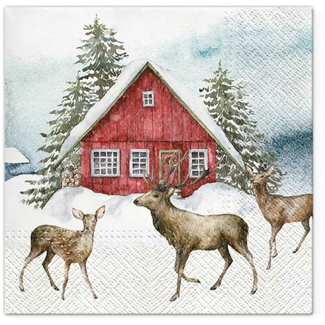Lot de 20 serviettes en papier 33 x 33 cm Rennes et maison dans la neige (1/2)