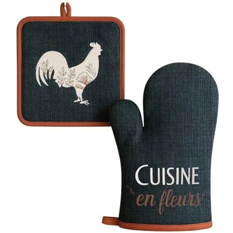 Gant et manique de cuisine 20 x 20 cm Coq et fleurs (1/2)