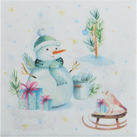 20 serviettes en papier Bonhomme de neige et oiseau (1/2)